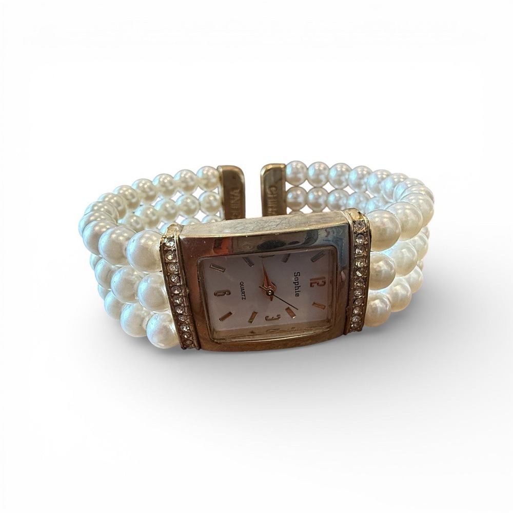 Sophie Pearl Stretch Band Watch Rhinestone Gold‎ Tone Quartz Dress Wat
